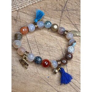Multi-Stone Beaded Stretch Bracelet W/ Gold Accents Blue Tassels & Elephant Char